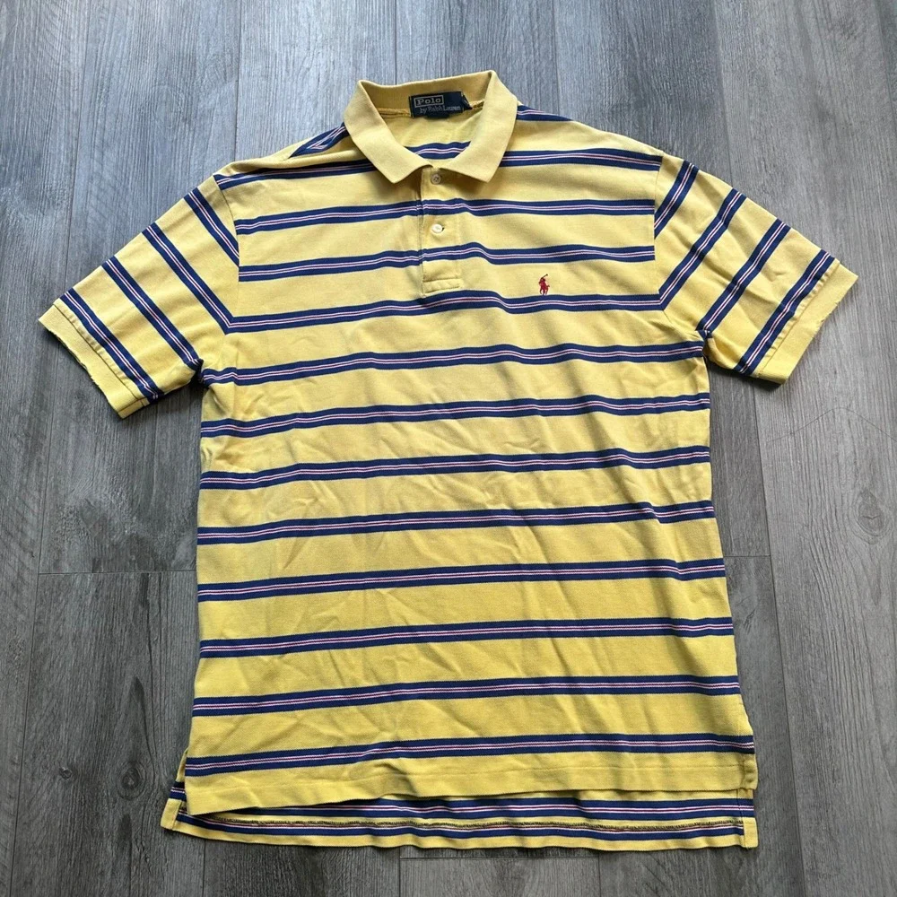 VTG Y2K Polo Ralph Lauren Yellow Blue Striped Polo Shirt Pony Logo Size L